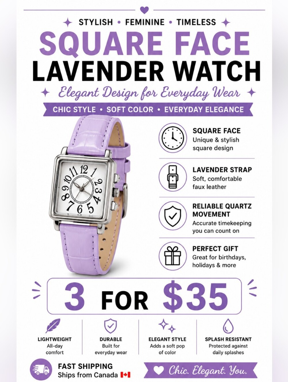 Purple Dial Quartz Watch Japan Movement Women’s Casual Wristwatch Analog Fashion